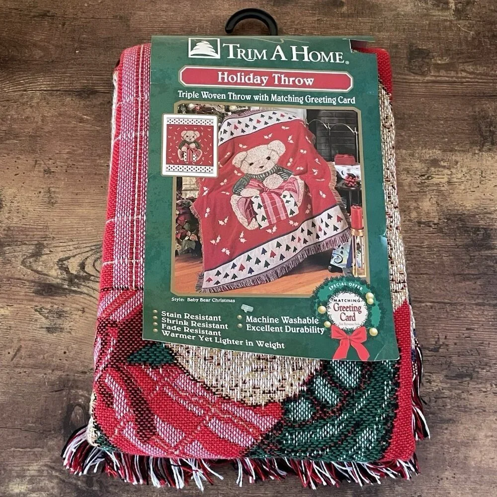 Vintage American Weavers Holiday Throw Blanket Teddy Bear Christmas Woven NEW